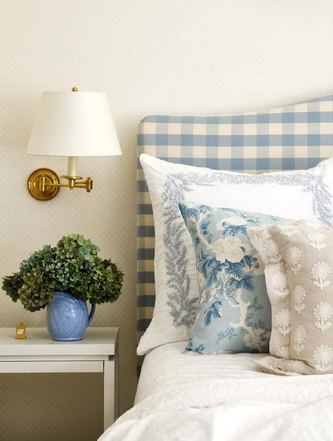 Gingham Headboard, Katie Rosenfeld, Beige Headboard, Blue Headboard, Headboard With Lights, Beige Bedroom, Guest Room Office, Beige And Blue, Cottage Bedroom