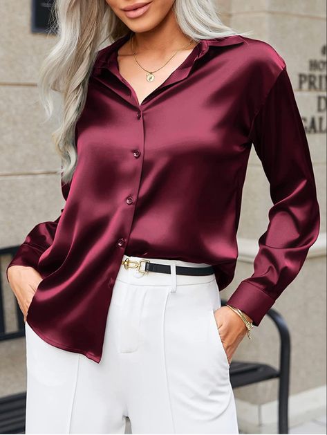 Amazon find #ad Silk Shirts For Women Classy, Silky Shirt Outfit, Satin Tops Blouses Classy, Satin Shirts For Women, Satin Shirt Outfit, English Gown, Corporate Wears, Silk Shirt Outfit, Corporate T-shirt