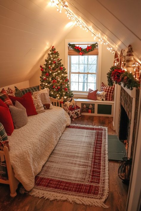 Some fun ideas to make your kid happy with their room's decor. Bedroom Ideas Christmas Room Decor, Christmas Bedroom Bunk Beds, Cozy Bedroom Ideas Christmas, Kid Christmas Bedroom, Christmas Decoration Small Living Room, Christmas Bedroom Inspo Cozy, Bedroom With Christmas Tree, Christmas Morning With Kids, Christmas Decor For Small Bedroom