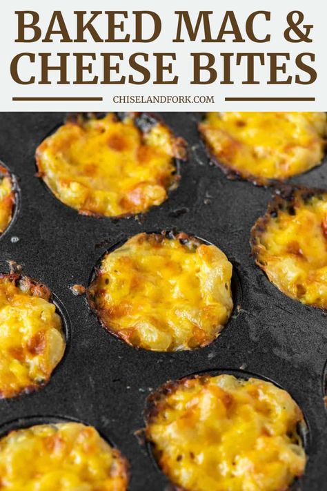 If you love macaroni and cheese, but want something in bite-sized form for a delicious appetizer, these baked mac and cheese bites are for you. #bakedmacandcheesebites #macandcheesebites #macandcheese | chiselandfork.com Baked Mac And Cheese Bites, Appitizer Ideas, Raclette Recipes Dinners, Mac And Cheese Balls Recipe, Mac And Cheese Cupcakes, Macaroni Cheese Bites, Cozy Christmas Party, Glam Christmas Party, Mini Muffin Tin Recipes