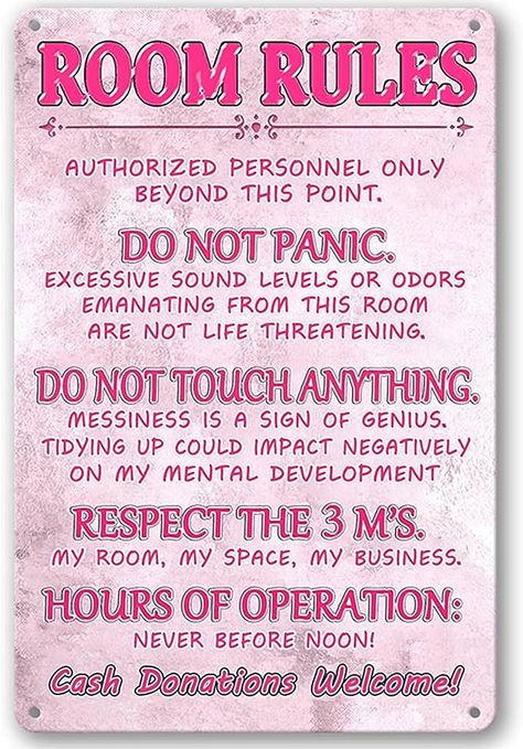 Amazon.com: Pink Room Decor For Teen Girls Room Rules Sign Bedroom Door Decor Cute Stuff Fun Room Signs For Teen Girl Aesthetic Cool Preppy Things Decorations For Bedroom Funny Metal Tin Sign 12 X 8 Inch : Baby Pink Teen Girl Bedroom, Room Rules, Preppy Bedroom Decor, Teen Room Designs, Decorations For Bedroom, Preppy Bedroom, Diy Room Decor For Teens, Pink Room Decor, Bedroom Decor For Teen Girls