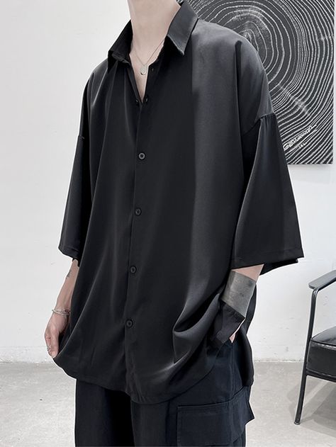 Black Casual Collar Three Quarter Length Sleeve Fabric Plain Shirt Embellished Slight Stretch  Men Tops Summer All Black Outfits Men, Black Button Up Shirt Outfit Men, Black Clothes Men, Black Collar Shirt, Black Shirt Outfit Men, Long Shirt Men, Black Shirt Outfits, Korean Street Fashion Men, Outfits Con Camisa