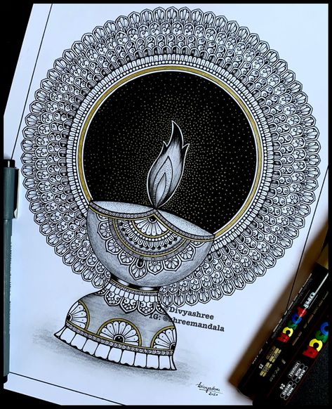 Diwali Drawing Sketch, Mandala Art For Diwali, Diya Mandala Art, Diwali Doodle, Diwali Mandala Art, White Mandala Art, Diwali Mandala, Diya Drawing, Colorful Mandala Art