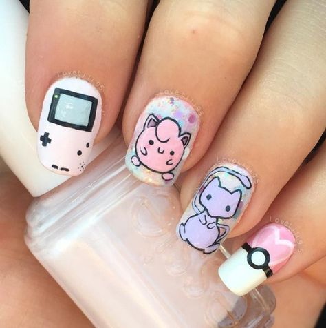 Cute Pokemon Nails, Pokemon Nails Art, Nail Designs Pokemon, Pokemon Nails Designs, Geek Nails, Pokemon Nails, Kawaii Nail Art, Anime Nails, Nail Candy