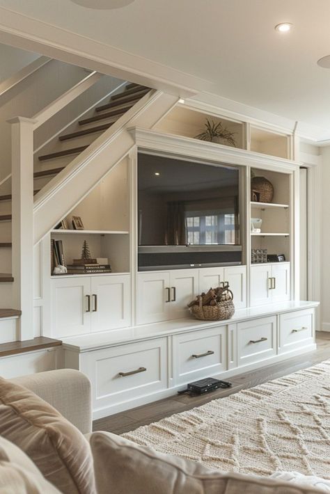 Entertainment Center Under Stairs, Open Under Stairs Ideas Living Rooms, Tv Under Stairs Living Room, Storage Under Stairs Ideas, Staircase Storage Under Stairs, Under Staircase Ideas, Living Room Under Stairs, Storage Under Stairs, Staircase In Living Room