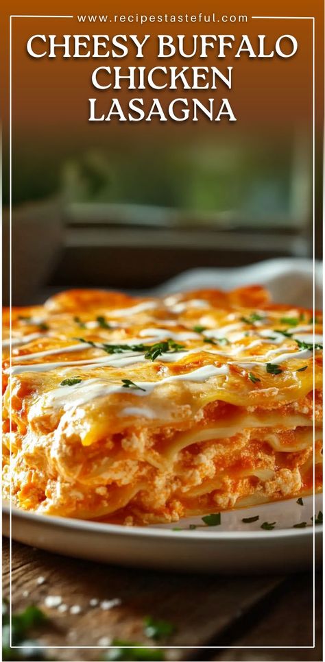 This Cheesy Buffalo Chicken Lasagna with Ranch Drizzle is a spicy, creamy twist on classic lasagna. Packed with layers of shredded chicken coated in zesty Buffalo sauce, creamy ricotta cheese, gooey mozzarella, and a rich Alfredo sauce, it’s the ultimate comfort food with a kick. Topped with a cooling ranch drizzle and garnished with green onions, this lasagna will be a hit at any meal or party! Meal Prep Party, Buffalo Chicken Nachos Recipe, Buffalo Chicken Lasagna, Cheesy Casserole Recipes, Cheesy Buffalo Chicken, Creamy Ranch Chicken, Chicken Lasagna Recipe, Ricotta Stuffed Chicken, Ricotta Cheese Recipes