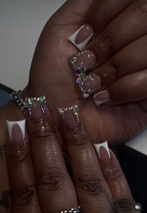 Short Acrylic Nails Dramatic, Short Diamond Acrylic Nails, Short Dramatic Acrylic Nails, Birthday Nail Set Short, Short Diamond French Tip Nails, Short Zodiac Nails, Steletoes Nails French Tip, Duck Nails With Rhinestones, Short Birthday Acrylic Nails