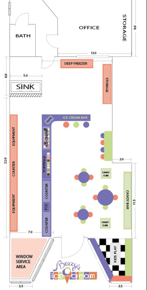 floor plan Small Bakery Layout Floor Plans, Ice Cream Shop Floor Plan, Supermarket Floor Plan, Bakery Layout Floor Plans, Restaurant Floor Plan With Dimensions, Parlor Floor, Ice Cream Business, Floor Plan Layout, Kids Playing