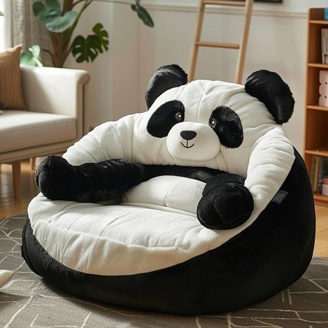 Introducing the 🐼 lounge chair : Imagine sinking into the cozy embrace of a panda-inspired lounge chair, where plush faux fur envelops you in comfort reminiscent of a panda’s soft fur. The chair’s design, with its black and white exterior echoing the iconic colors of a panda, creates a whimsical yet sophisticated focal point in any room. With its curved backrest mimicking the gentle curve of a panda’s back, this lounge chair invites relaxation and tranquility. Conceptual AI Art Follow @eco... Kawaii Furniture, Black And White Exterior, Panda Stuff, Panda Items, Sofa Bed Wooden, Panda Art, Cute Panda Wallpaper, Study Room Decor, White Exterior