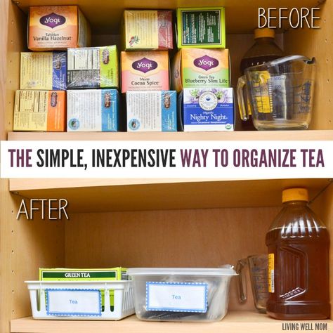 Not sure how to sort those tea bags in your cupboard? Here’s the simple, inexpensive way to organize tea! Tea Organization Storage, Tea Cupboard, Cupboard Organization, Celestial Seasonings Tea, Tea Live, House Pantry, Organizing Kitchen, Tea Box Storage, Tea Bag Storage