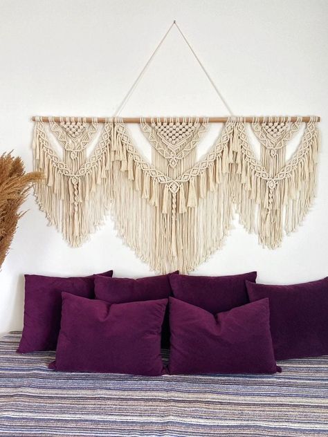 Big Macrame Wall Hanging, Headboard Macrame, Mural Macrame, Macrame Wall Hanging Bedroom, Bedroom Macrame, Macrame Wall Hanging Ideas, Macrame Mural, Macrame Wedding Arch, Macrame Wedding Decor