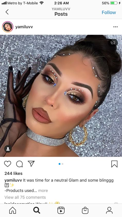 Eyeshadow Looks With Rhinestones, Make Up With Diamonds, Maquillaje Cut Crease, Rhinestone Eye Makeup, Scrunchie Bun, Jewel Makeup, Rhinestone Makeup, Gorgeous Birthday, Birthday Hairstyles