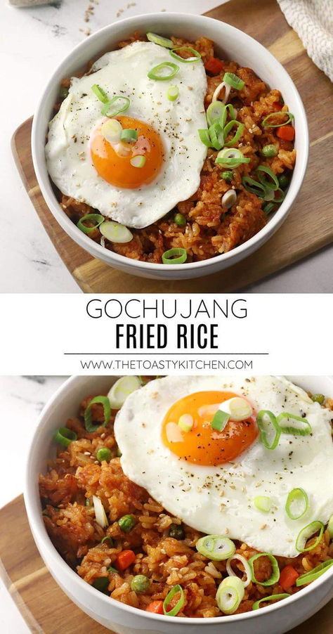 Gochujang fried rice is the perfect recipe for using up leftover rice and veggies. Gochujang paste adds the perfect umami flavor. Easy Korean Rice Recipes, Korean Rice With Egg, Healthy Fun Dinner Recipes, Recipes That Use Gochujang, Korean Recipes With Rice, East Asian Dishes, Gochujang Rice Bowl, Gojuchang Fried Rice, Korean Style Fried Rice