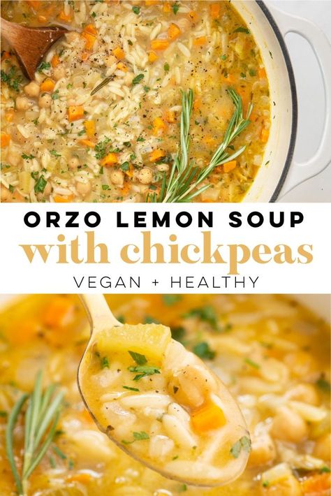 Orzo Lemon Soup, Vegan Lemon Orzo, Orzo Lemon, Vegan Orzo, Soup With Chickpeas, Lemon Orzo Soup, Plant Recipes, Orzo Soup Recipes, Pudding Chia