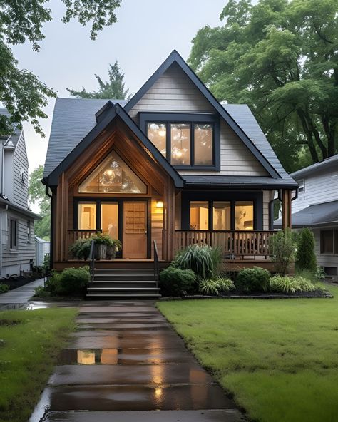 Small Forest House Design, Modern Cosy Home Exterior, Small Cosy House Exterior, Small Cozy Home Exterior, Small House Aesthetic Exterior, Cosy House Exterior, Small Cozy House Exterior, Small Exterior House, Small Cosy House