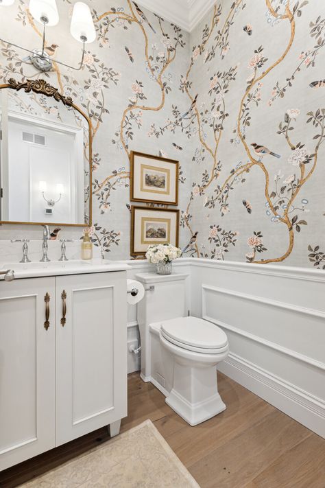 French Farmhouse Powder Room, Powder Room With Toilet Next To Sink, Victorian Era Bathroom, Old Money Powder Room, Long Bathroom Ideas, Half Bath With Wallpaper, Hall Bathroom Ideas, Bathroom Wallpaper Accent Wall, Floral Wallpaper Bathroom