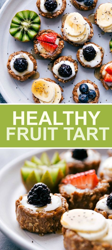 Healthy Mini Fruit Tarts, Healthy Dessert Table, No Bake Mini Fruit Tarts, Healthy Fruit Tart, Breakfast Fruit Tart, Fruit Tart Crust Recipe, Simple Fruit Desserts Healthy, Healthy Tart Crust, Fresh Fruit Desserts Healthy