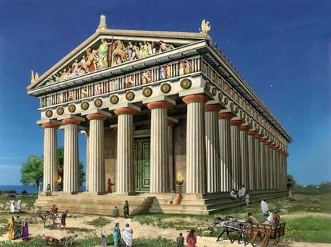 A Greek Temple in Agrigento, reconstruction. Ancient Greece Display, Ancient Greek Buildings, Greek Buildings, Greek Plays, Greek Civilization, Roman Temple, Architecture Antique, Antique Architecture, Sci Fi Architecture