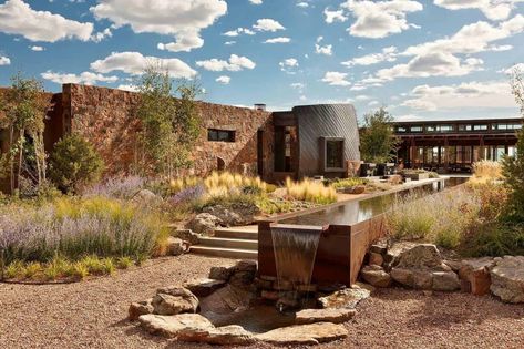 Eco-friendly desert retreat nestled into a hillside overlooking Santa Fe Desert Home Exterior, Southwestern Landscape, Santa Fe Home, Rustic Exterior, Desert Homes, Desert Landscape, Water Feature, Southwestern Style, Desert Landscaping