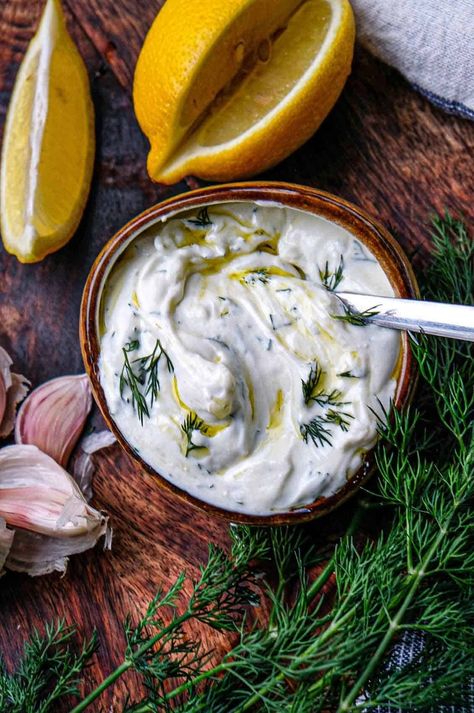 Dill Yogurt Sauce with Garlic - Cristina's Kitchen Garlic Dill Sauce, Dill Yogurt Sauce, Roasted Mediterranean Vegetables, Mediterranean Tuna Salad, Parmesan Broccoli, European Dishes, Dill Sauce, Salad Wraps, Cooking Sauces