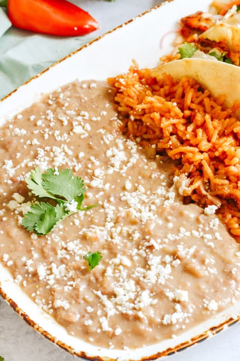 Mexican Restaurant Rice And Beans, Authentic Mexican Rice And Beans, Mexican Rice And Refried Beans, Authentic Mexican Refried Beans, Beans And Rice Mexican, Mexican Rice And Beans Recipe, Mexican Restaurant Recipes, Refried Beans Instant Pot, Mexican Refried Beans Recipe