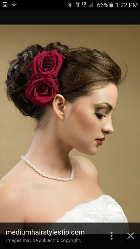 Hairstyles With Red Roses, Red Rose Hairstyle, Rose Hairstyle, Rose Hair Pin, Wedding Haircut, Bridal Hairdo, Bridal Hair Buns, Wedding Hairstyles Bride, Pin Hair