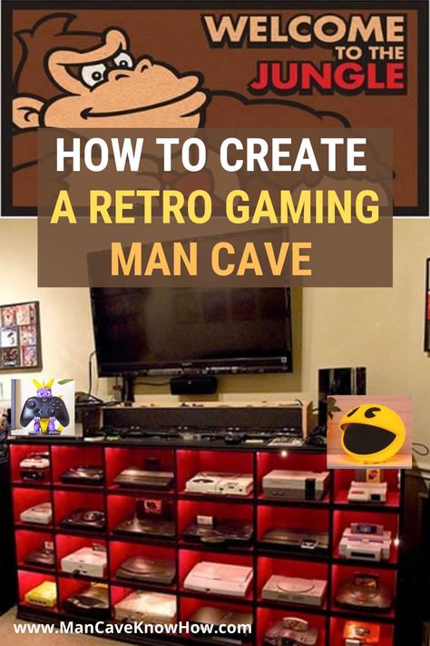 Forget the usual boring man cave ideas. If you like your gaming then why not create a retro gaming man cave. From '80s style arcade machines to early console inspired accessories you can kit your retro gaming man cave out in style. #retogamingmancave #gamingmancave #mancave Man Cave Arcade Room, 90s Game Room Ideas, Arcade Man Cave, 80s Gaming Room, Retro Man Cave, Garage Arcade, Vintage Man Cave Ideas, Gaming Man Cave, Retro Gaming Room