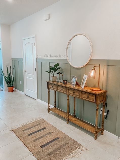 Green Board And Batten Wall Entryway, Bead And Batten Wall Entryway, Board And Batten Entryway With Mirror, Board And Batten Entryway With Table, Board And Batten With Mirror, Light Green Board And Batten Wall, Colourful Entryway Ideas, Board Batten Hallway, Board And Batten Green Wall