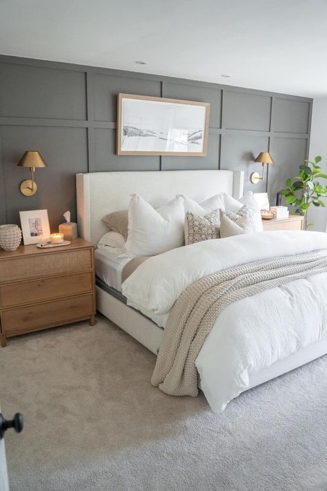 White Bed, Accent Wall Bedroom, Bedroom Renovation, Bedroom Panel, Bedroom Refresh, Remodel Bedroom, Master Bedrooms Decor, Guest Bedrooms, Guest Bedroom