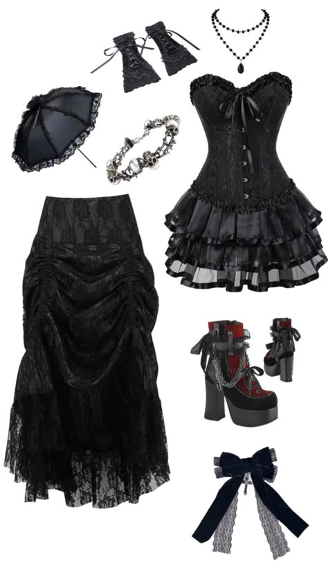 goth gothic alternative emo outfit inspo vkei Grunge Mall Goth, Gothic Clothing Ideas, Cute Gothic Outfits For School, Dressy Goth Outfit, Modest Alternative Outfits, Gothic Birthday Outfit, Gothic Romantic Outfits, Female Goth Outfits, Gothic Girl Outfits