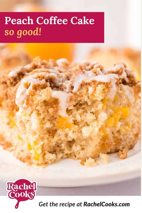 Homemade peach coffee cake, spiced with cinnamon and ginger, is perfect with a cup of coffee or tea. Make it with canned, frozen or fresh peaches. Peach Coffee Cake, Peach Blueberry Crisp, Blueberry Crumb Bars, Peach Coffee, Peach Bread, Spiced Peaches, Coffee Cake Recipes Easy, Frozen Peaches, Streusel Coffee Cake