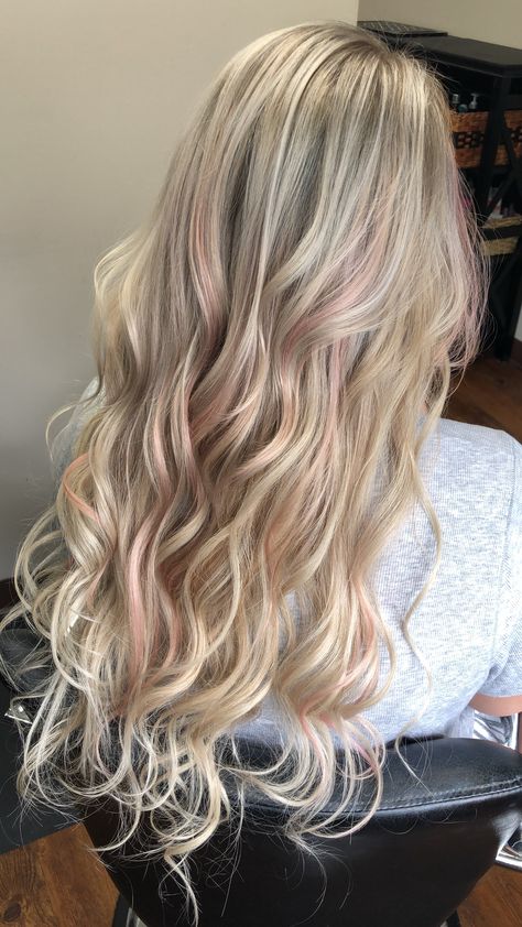 Balayage, Blonde Hair With Strip Of Color, Peek A Boo Hair Blonde And Brown, Blonde Hair With Pink Babylights, Rose Gold Peekaboo Highlights Blonde, Pink Foils In Blonde Hair, Blonde And Pink Underneath Hair, Very Light Pink Highlights, Blonde Hair With Rose Gold Peekaboo