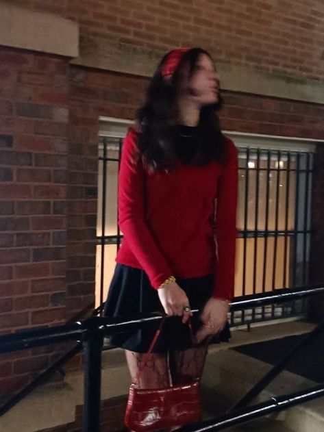 Red Black Outfits Aesthetic, Red And Gold Casual Outfit, Red And Black Classy Outfits, Black And Red Classy Outfit, Black And Red Clothing Aesthetic, Red Outfit Preppy, Elegant Red Outfit Classy, Old Money Fits Aesthetic, Aesthetic Red Dress Outfit