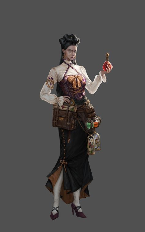 Alchemist Rpg, Gnome Alchemist, Alchemist Character Design, Steampunk Character Art, Jodie Muir, Steampunk Character, Steampunk Characters, Fantasy Witch, Steampunk Women