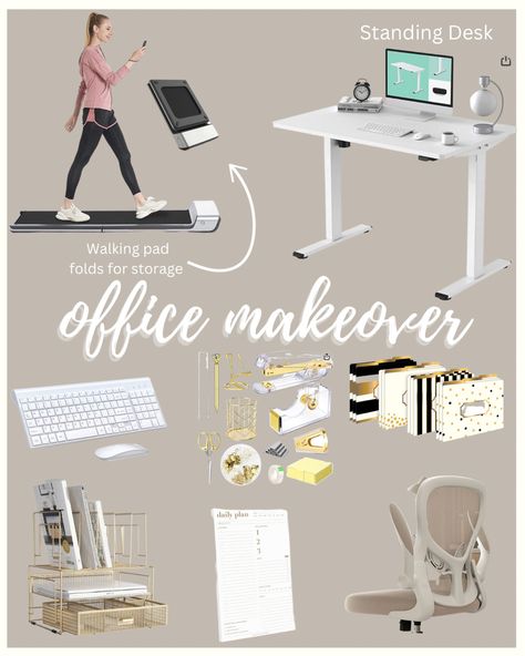 White and gold office look White Office Desk Aesthetic, White Gold Desk Office, Home Office Standing Desk Ideas Modern, Home Office Walking Desk, Female Desk Setup, Home Office Setup Standing Desk, Standing Desk Home Office Walking Pad, Home Office Walking Pad, Home Office With Walking Pad