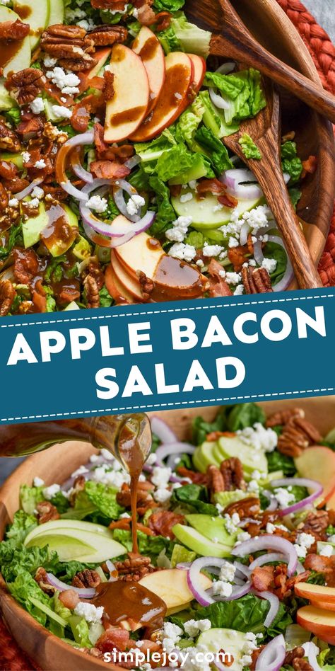 This amazing Apple Bacon Salad can be a meal all it's own. It is full of great flavor plus the crunch of apples and the irrisistable taste of bacon. Apple Lettuce Salad Recipe, Spinach Apple Bacon Salad, Spinach Apple Pecan Salad, Apple Feta Salad Recipe, Lettuce Salad With Apples, Turkey Bacon Salad, Apple Crunch Salad, Autumn Apple Salad, Apple Salad Ideas