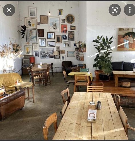 Cute Aesthetic Coffee Shop, Comfy Cafe Seating, Coffee Shop Home Decor, Fun Coffee Shop Interior, Coffee And Thrift Shop, Thrifted Coffee Shop, Hipster Cafe Interior, Coffee Shop Apartment, Student Coffee Shop