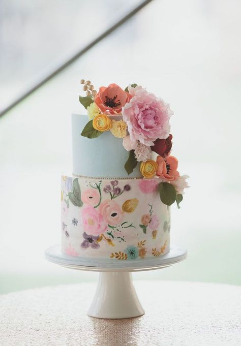 pretty wedding cake! #WeddingInspiration Watercolor Wedding Cake, Torte Creative, Painted Wedding Cake, Cake With Flowers, Spring Wedding Cake, Pretty Wedding Cakes, Hand Painted Cakes, Torte Cupcake, Watercolor Cake