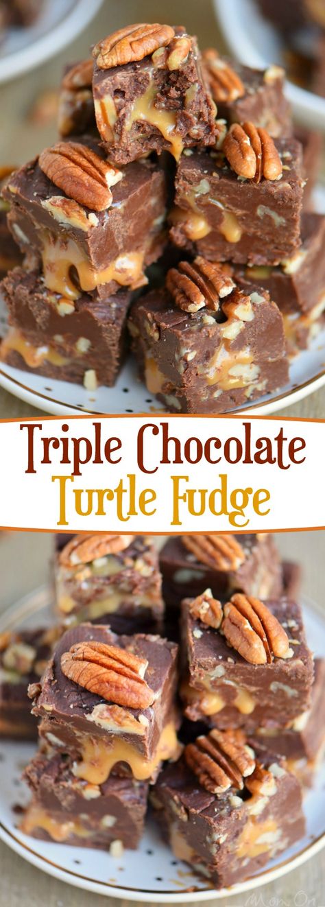 This decadent Triple Chocolate Turtle Fudge features three different types of chocolate and an ooey, gooey caramel center that is hard to resist! Great for gift giving and the holidays! // Mom On Timeout #fudge #recipe #recipes #recipeoftheday #chocolate #candy #Christmas Turtle Fudge, Holiday Fudge Recipes, Best Fudge Recipe, Holiday Fudge, Chocolate Turtle, Nutella Fudge, Mom On Timeout, Gooey Caramel, Chocolate Turtles