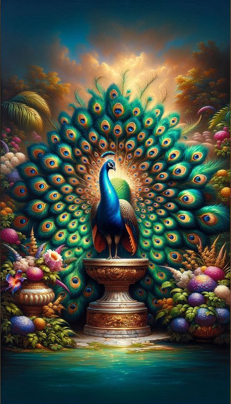 Majestic Splendor Behold the grandeur of this magnificent peacock, proudly displaying its vibrant feathers in an explosion of color and elegance. Set against a lush, dreamlike background, the intricate details and rich tones capture the essence of nature’s opulence. This artwork is a tribute to the unparalleled beauty and regal presence of one of nature’s most captivating creatures. #PeacockBeauty #MajesticArt #VibrantColors #NatureInArt #RegalCreatures #ArtisticExpression #NatureLovers #In... Peacock Krishna, Krishna Background, Peacock Feathers Wallpaper, Peacock Aesthetic, Peacock Background, Peacock Artwork, Religious Wallpaper, Peacock Images, Peacock Wallpaper