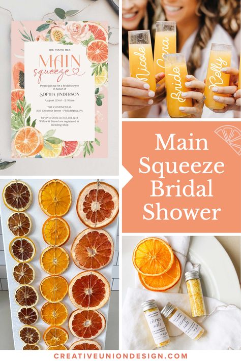 Fruit Wedding Shower Ideas, Citrus Hens Theme, Dried Fruit Bridal Shower Theme, Grapefruit Bridal Shower Theme, Citrus Tea Party, Main Squeeze Bridal Shower Citrus, Bridal Shower Ideas Citrus, Main Squeeze Backdrop, Fruit Bridal Shower Ideas