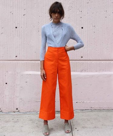 Maryam Nassir Zadeh Light Blue Canaria Cardigan Orange Pants Outfit, Orange Pants, Maryam Nassir Zadeh, Outfit Idea, Blue Shoes, Pants Outfit, Denim Shirt, Amazing Things, Statement Necklace