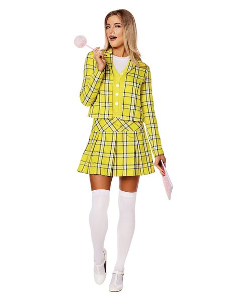 Take things back to the 90's this Halloween when you dress up in this officially licensed Cher Costume. Any fan of the movie Clueless will instantly recognize you while wearing this costume that comes included with a yellow dress, jacket, and tights just like in the film. You'll look straight out of Beverly Hills while wearing this Cher costume this Halloween! Officially licensed Includes: Dress Jacket Tights Long sleeves Material: Polyester Care: Spot clean Imported Yellow Dress Costume Ideas, Long Sleeve Halloween Costume Women, Clueless Yellow Outfit, Cher Costume Clueless, Woman Costumes Halloween, Cher And Dionne Costume, Movie Characters To Dress Up As, Clueless Costume Ideas, Cher Horowitz Costume