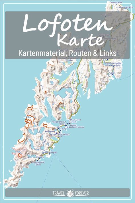 Im Artikel erhältst du einige Übersichtskarten zu den verschiedenen Lofoten Inseln, die zusätzlich alle Highlights beinhalten. Außerdem Links zu mehr Kartenmaterial und alle Karten von mir zum Download. Norway, Road Trip, Map, Travel