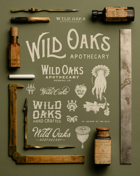 Brand work done for Wild Oaks Apothecary. Completed entirely by hand, using the traditional pen-on-paper method of the early 20th century. Want to work with us on your next project? Reach out at info@1924.us!! #1924us #vintage #art #drawing #apothecary #branding #tea #botanical #antique #design #cool #inspiration #oaks #lettering #natural Logo Design Inspiration Nature, Rustic Design Graphic, Farmhouse Branding, Apothecary Branding, Vintage Branding Design, Signage Illustration, Rustic Branding, Good Branding, Utilitarian Design