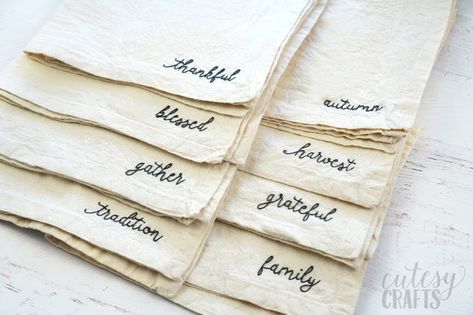 Napkins With Embroidery, Embroidered Thanksgiving Napkins, Embroidery Napkins Patterns, Name Embroidered Napkins, Hand Embroidered Napkins Diy, Sewing Napkins Ideas, How To Embroider Napkins, Embroidered Name Napkins, Napkin Gift Ideas