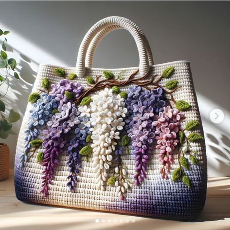 Crochet Bags Purses Handbags, Crochet Wisteria, Cute Crochet Bags, Ribbon Stitching, Crocheted Handbags, Flower Crochet Bag, Crochet Flower Bag, Handcrafted Handbags, Flower Handbag