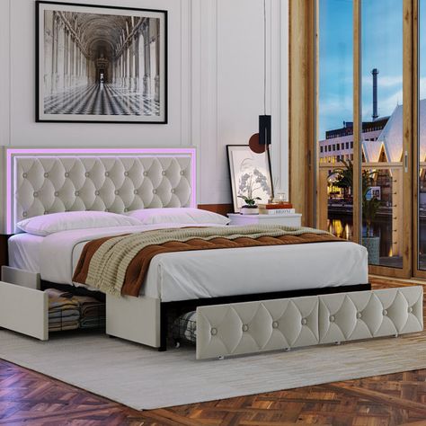 Led Beds, Bed Frame With Drawers, Bed With Led Lights, White Bed Frame, Led Bed Frame, Full Size Bed Frame, Full Bed Frame, White Headboard, King Size Bed Frame