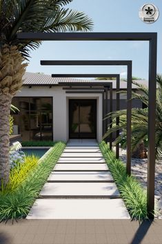 Pergola Ideas Front Of House, Modern Flagstone Patio Design, Modern Landscape Design Front Yard Entrance, Modern Landscaping Front Yard Entrance, Contemporary Pergola Designs, Front Yard Pergola, Entrance Pergola, Pergola Entrance, Large Pergola