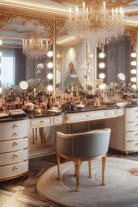 Get ready in style with this luxurious double vanity featuring a dedicated makeup station. Perfect for primping and pampering. #MakeupVanity #LuxuryBathroom Luxurious Makeup Vanity, Vanity With Mirror, Luxury Makeup Vanity, Bathroom Vanity Trends, Makeup Room Design, Vanity Makeover, Cozy Fall Bedroom, Makeup Organization Vanity, Best Bathroom Vanities